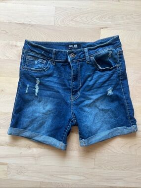 Wax Jean Dark Blue fitted Distressed Cuffed Denim Shorts